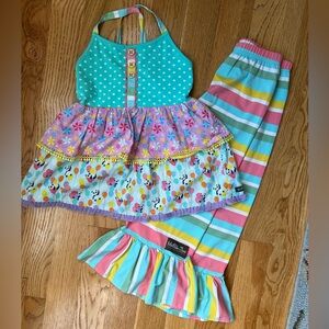 Matilda Jane 2 Piece Outfit Panda Top & Color Striped Capri Leggings Size 10
